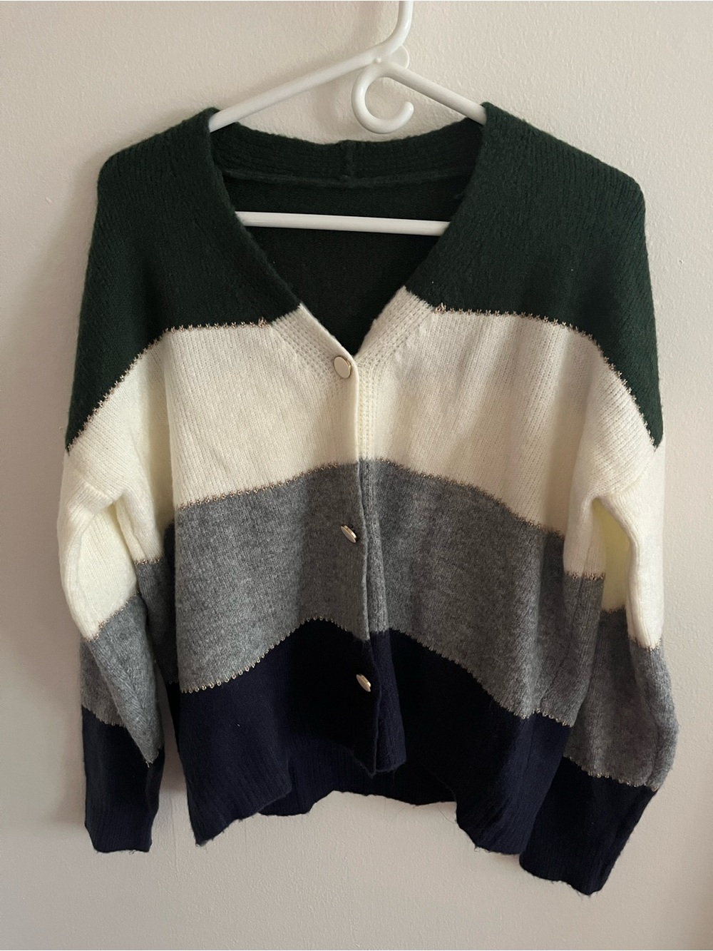Studio Colorblock Button-Front Cardigan - Green/Cream/Gray/Navy